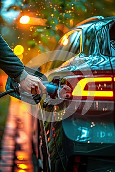 A man is fueling his car at a gas station at night. The image shows him holding the pump and filling the tank