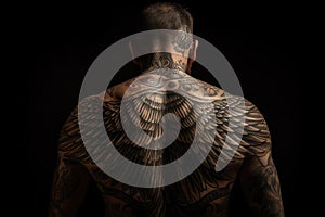 Man With Full-Back Tattoo Of Angel Wings. Generative AI