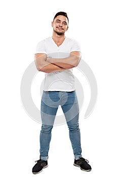 Man Full Body Portrait on White Background, Boy in T Shirt and Jeans, Arms Folded