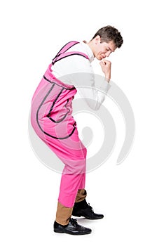Man in funny pink fat costume, clown.  on white background. Clown