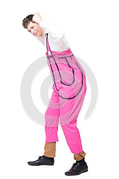 Man in funny pink fat costume, clown.  on white background. Clown