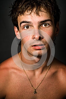 Man with funny surprised expression on face