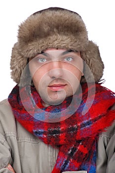 Man in a fur hat close up