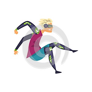 Man in futuristic clothing and glasses jumping, technology of the future in sports vector Illustration on a white