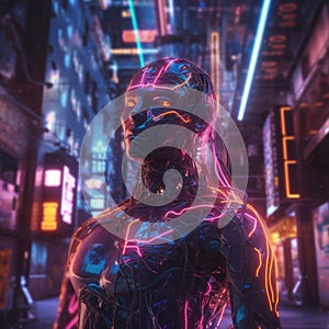 A man in a futuristic suit standing in a city. Generative AI image.