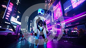 A man in a futuristic suit standing on a city street. AI generative image