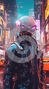 A man in a futuristic suit standing on a city street. Generative AI image.