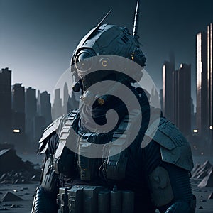 A man in a futuristic suit standing in front of a city