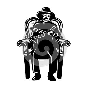 Man Gagged Chained to Grand Arm Chair Woodcut photo