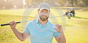 man after game on green grass. summer activity. professional sport outdoor. showing ball.