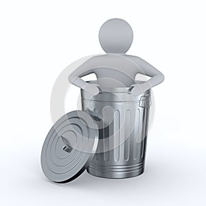 Man into garbage basket on white background. Isolated 3D illustration