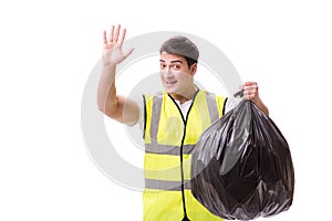 The man with garbage sack isolated on white