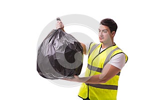 The man with garbage sack isolated on white