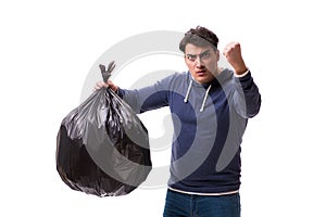 The man with garbage sack isolated on white