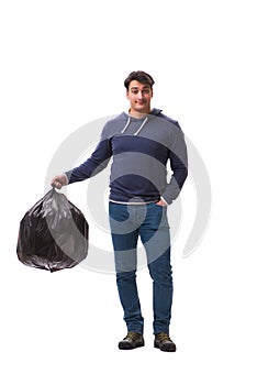 The man with garbage sack isolated on white