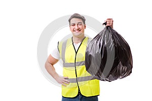 The man with garbage sack isolated on white