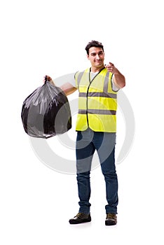 The man with garbage sack on white