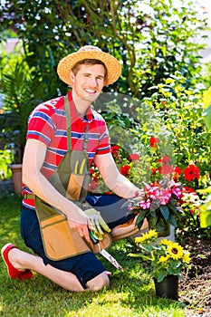 Man in garden planting flowers