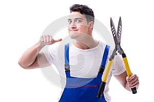 Man gardener with gardening scissors on white background isolate