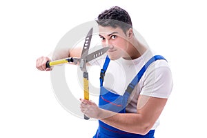 Man gardener with gardening scissors on white background isolate