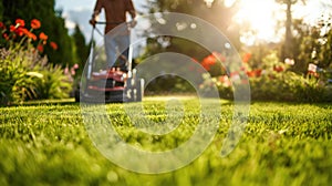 A man, gardener mowing the lawn with red lawn mower, green grass and vegetation, flowers on it with blue sky in the