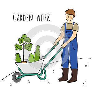 Man gardener stands with a wheelbarrow with plants. Spring gardening, planting. Gardener in hand drawn style isolated on