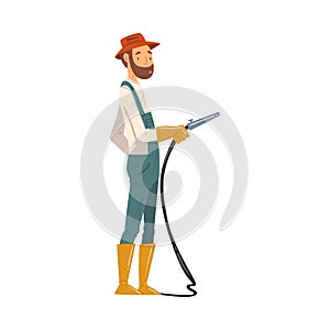 Man Gardener Watering with Hose, Cheerful Male Farmer Character in veralls Working at Garden or Farm Vector Illustration