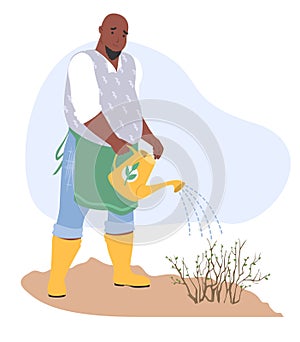 Man gardener watering plant vector illustration farm life concept