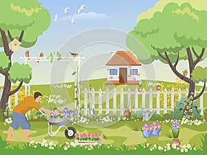 Man gardening flowers in a white front yard with white fence and a small house  background