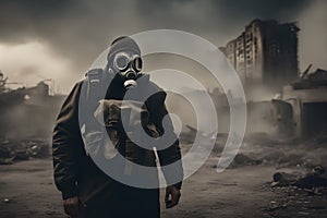 Man in gas mask with a backpack in the ruins of a building. Generative ai