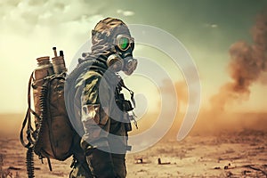 Man in gas mask for chemical protection, apocalyptic smoke in desert background. Nuclear pollution, environmental