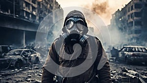 Man with gas mask on city street destroyed by war, generative ai