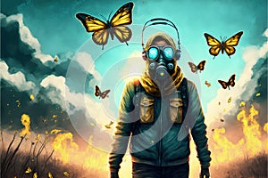 Man in gas mask conjuring enchanted butterflies amid post-apocalyptic ruins. Illustration painting
