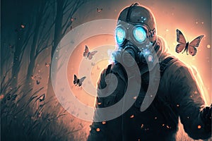 Man in gas mask conjuring enchanted butterflies amid post-apocalyptic ruins. Illustration painting