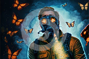 Man in gas mask conjuring enchanted butterflies amid post-apocalyptic ruins. Illustration painting