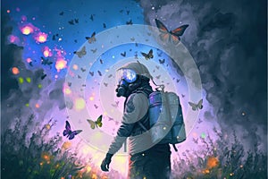 Man in gas mask conjuring enchanted butterflies amid post-apocalyptic ruins. Illustration painting