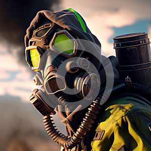 Man in gas mask and dramatic sky, apocalypse and war theme