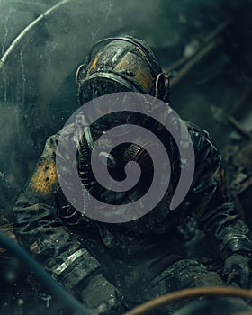 Man in gas mask and gas mask with smoke on a dark background