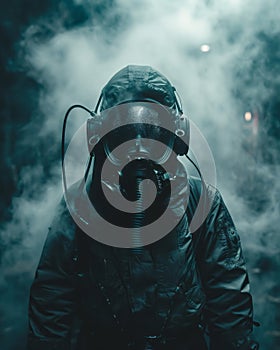 Man in gas mask and gas mask with smoke on a dark background