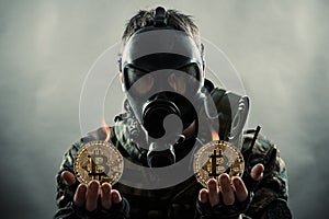 Man in gas mask holding bitcoin coins in hands