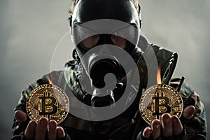 Man in gas mask holding bitcoin coins in hands. Ð¡oin mining ecology problem concept