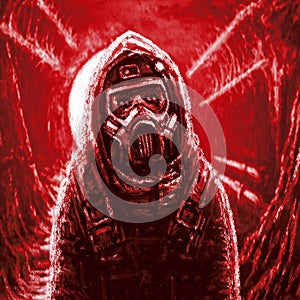 Man in gas mask. Infection area. Red color.