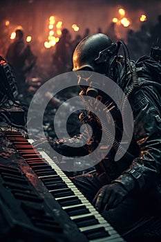 Man in gas mask plays piano on apocalyptic background, post apocalypse