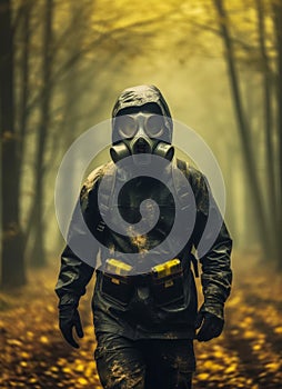 A man in a gas mask, in a protective suit, walks through the autumn forest.