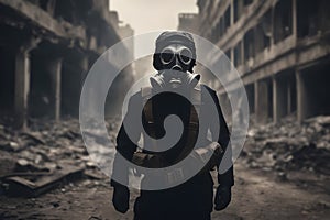 Man with gas mask in the ruins of an old building. Disaster concept.
