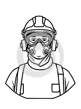 man in gas mask, safety vest and helmet, safety equipment, safety protection