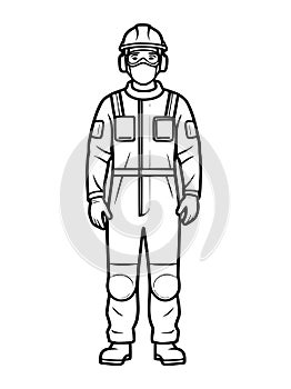 man in gas mask, safety vest and helmet, safety equipment, safety protection