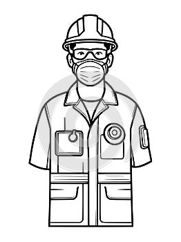 man in gas mask, safety vest and helmet, safety equipment, safety protection