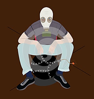 Man in gas mask sitting on a bomb with a lit fuse