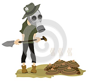 Man in the gas mask, spade and dunghill illustration